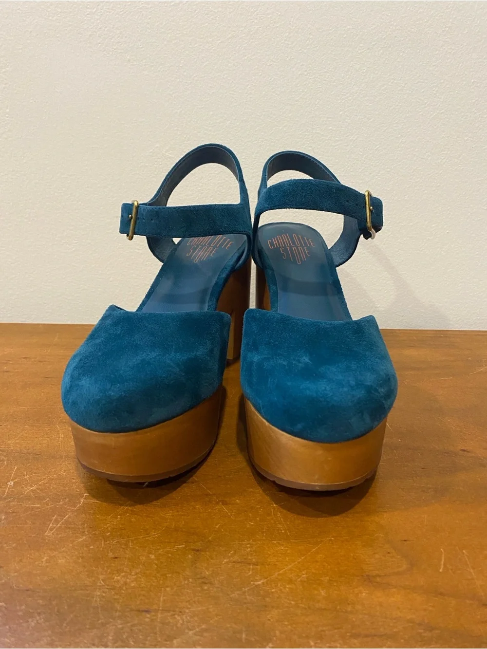 Teal Suede Platform Clog with Ankle Strap